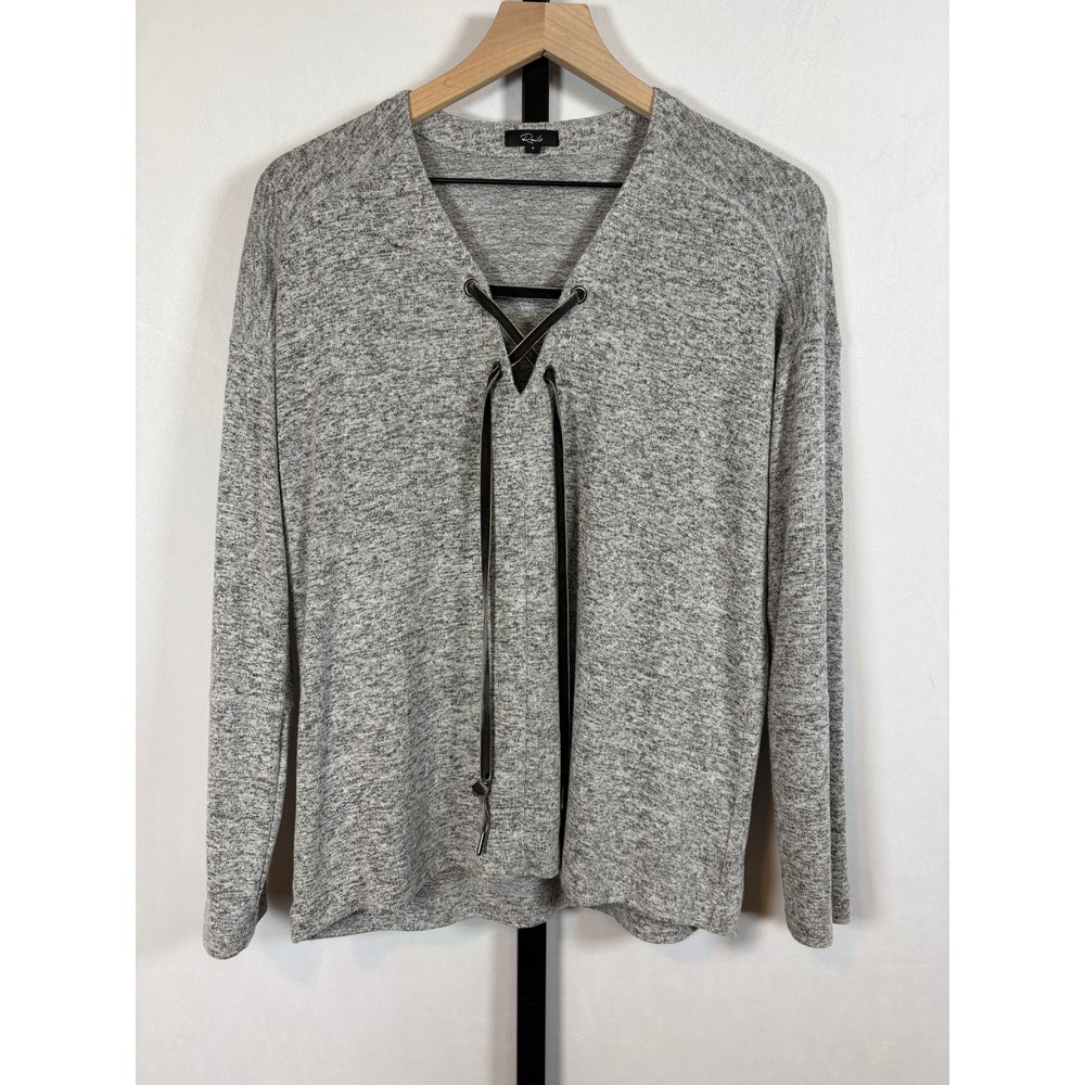Rails Leigh Top Women Size S Melange Grey Lace Up V-Neck Long Sleeve Soft Cozy